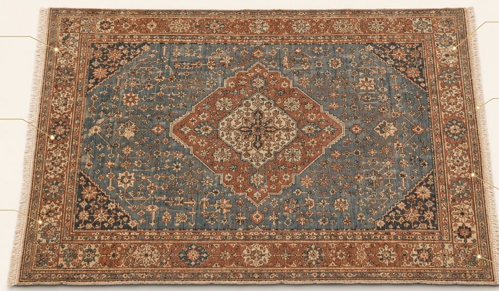 Vintage hand-knotted rug with blue and rust tones